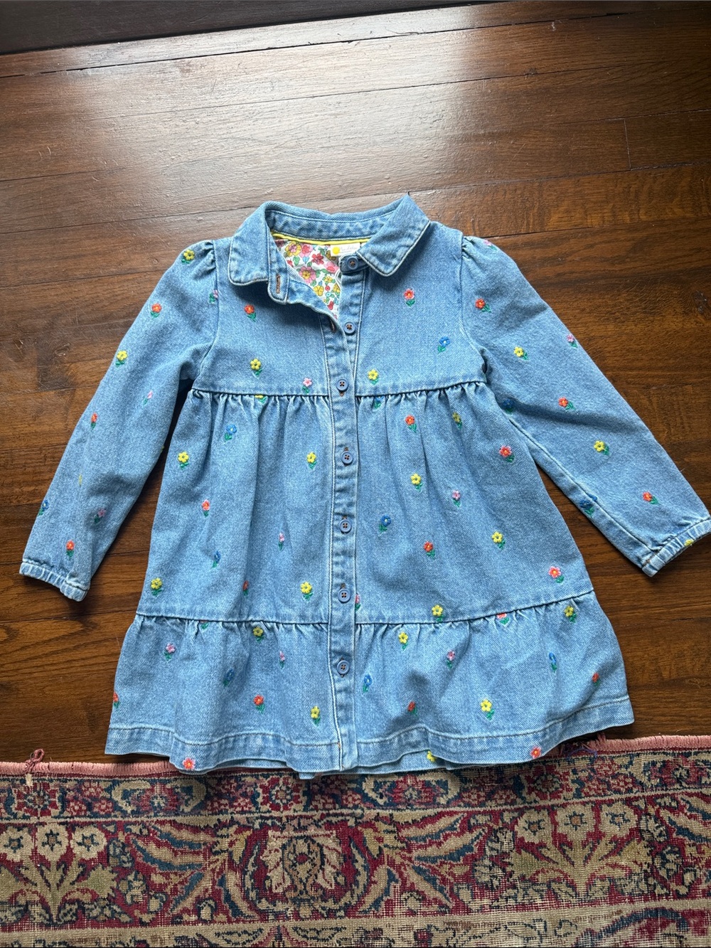 Mini Boden Blue Denim Floral-Embroidered Button Dress